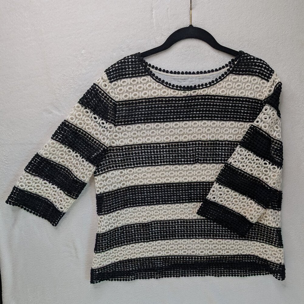 Talbots Black and White Embroidered Striped Blouse Size L petite